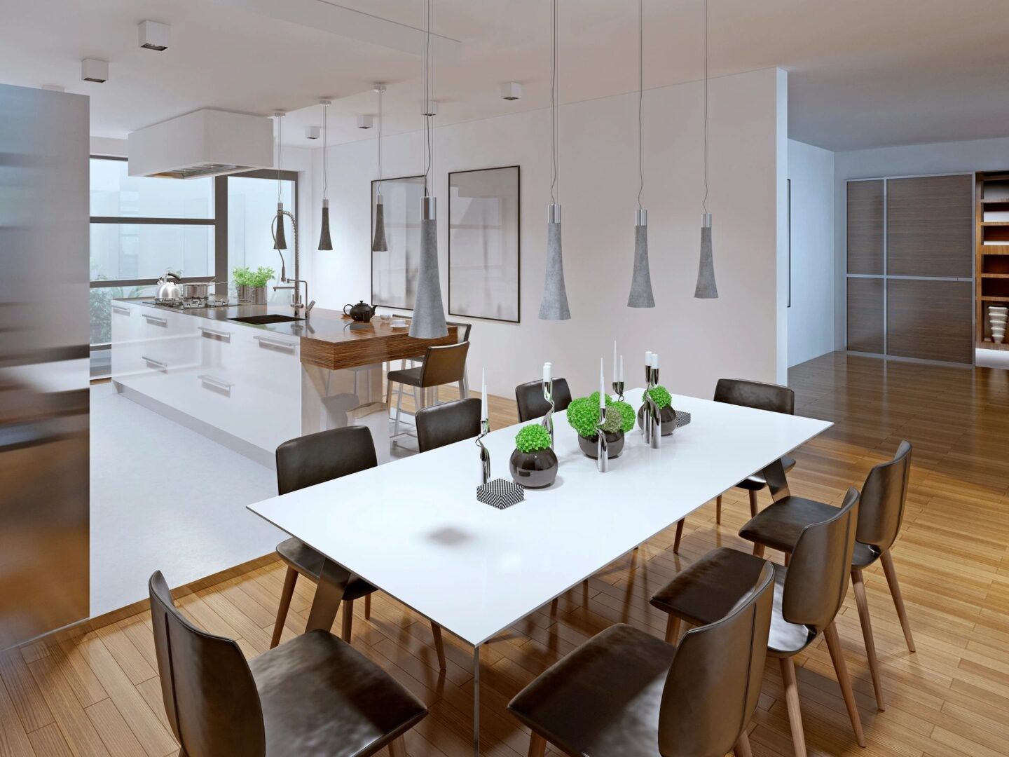 dining area with a table with eight chairs